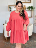 Double Take Full Size V-Neck Balloon Sleeve Tiered Dress