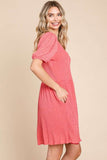 Culture Code Full Size Textured Round Neck Puff Sleeve Dress