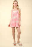 VERY J Tie Shoulder Front Pocket Striped Contrast Romper