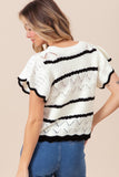 BiBi Pointelle Contrast Striped Short Sleeve Knit Top