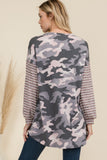 Celeste Full Size Camo Print High-Low T-Shirt with Stripe Sleeves