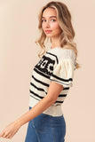 BiBi Granny Square Short Sleeve Striped Sweater