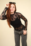 VERY J Mock Neck Fitted Sheer Mesh Lace Blouse