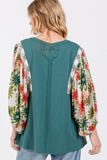 SAGE + FIG Full Size Printed Balloon Sleeve Contrast Top