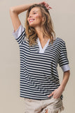 BiBi Contrast Striped Notched Knit Top