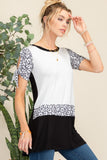 Celeste Full Size Open Tie Sleeve Leopard Color Blocked Top