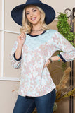 Celeste Full Size Leaf Print Contrast Trim Balloon Sleeve Top