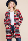 BOMBOM Geometric Open Front Long Sleeve Cardigan with Pockets