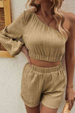 One-Shoulder Balloon Sleeve Crop Top and Shorts Set