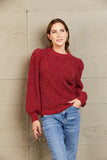 Woven Right Heathered Long Lantern Sleeve Rib-Knit Sweater