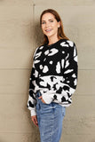 Woven Right Leopard Ribbed Trim Dropped Shoulder Sweater