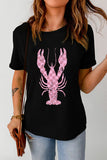 Checkered Lobster Graphic Round Neck Short Sleeve T-Shirt