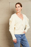 Woven Right Puff Sleeve V-Neck Fuzzy Cardigan